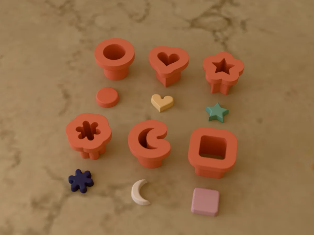 3D render of six 3D-printed coral polymer clay earring cutters (circle 12 mm, heart 12 mm, star 12 mm, flower 12 mm, crescent moon 12 mm and rounded square 12 mm) with the clay earring pieces they cut in front