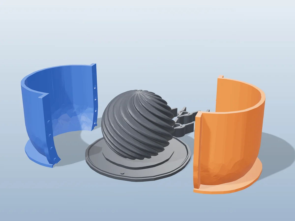 3D render of the swirl sphere master fused on its printed charcoal base, between the orange and blue hugging shell halves