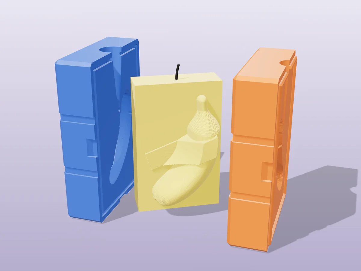 3D render of a yellow candle of a banana duct-taped to a block of wall between the two printed halves of its rigid blue and orange mold