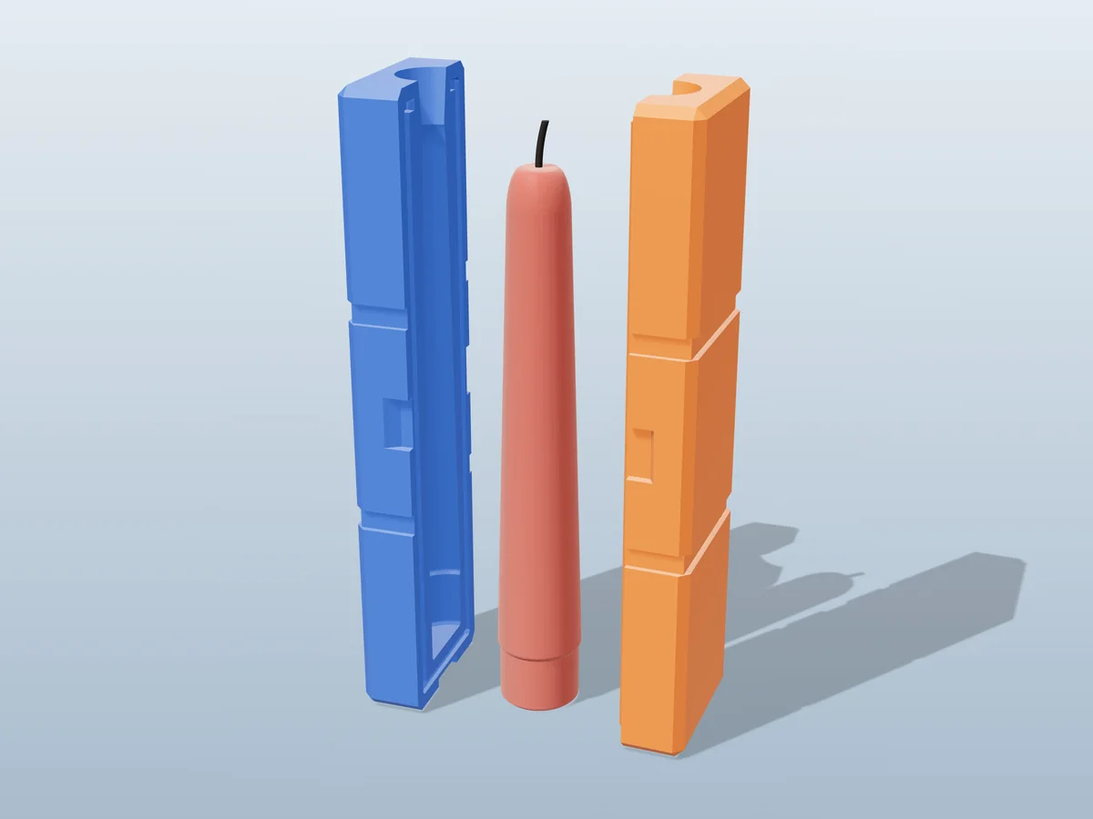 3D render of a deep red taper candle standing between the two long printed halves of its rigid orange and blue mold