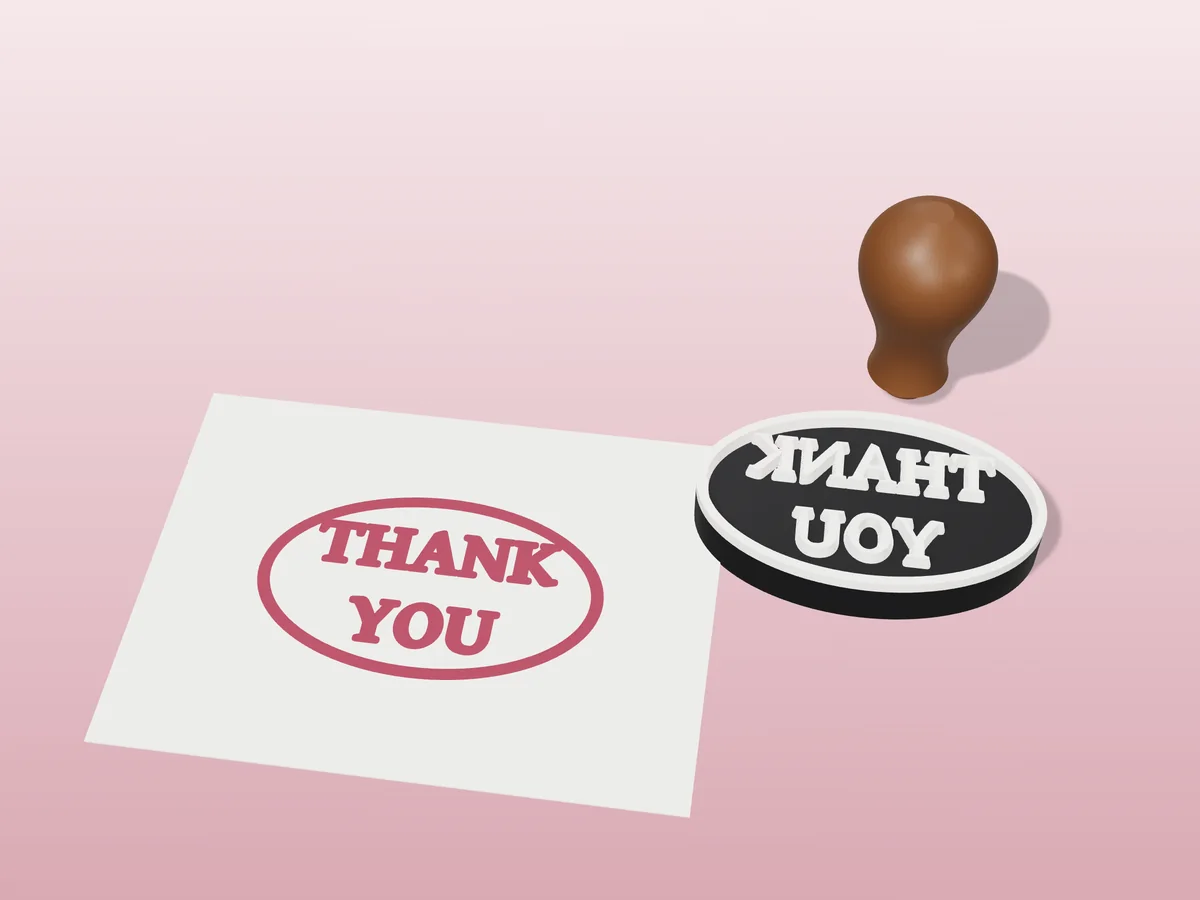 3D render of the printed thank you stamp, face up next to its brown handle, and its berry ink print on a sheet of paper
