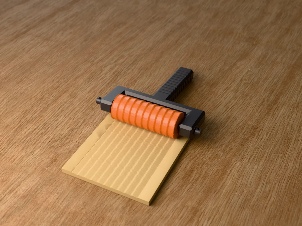 3D render of the printed thatch roof texture roller in its dark fork handle, resting on a slab of clay it has pressed with a thatched roof