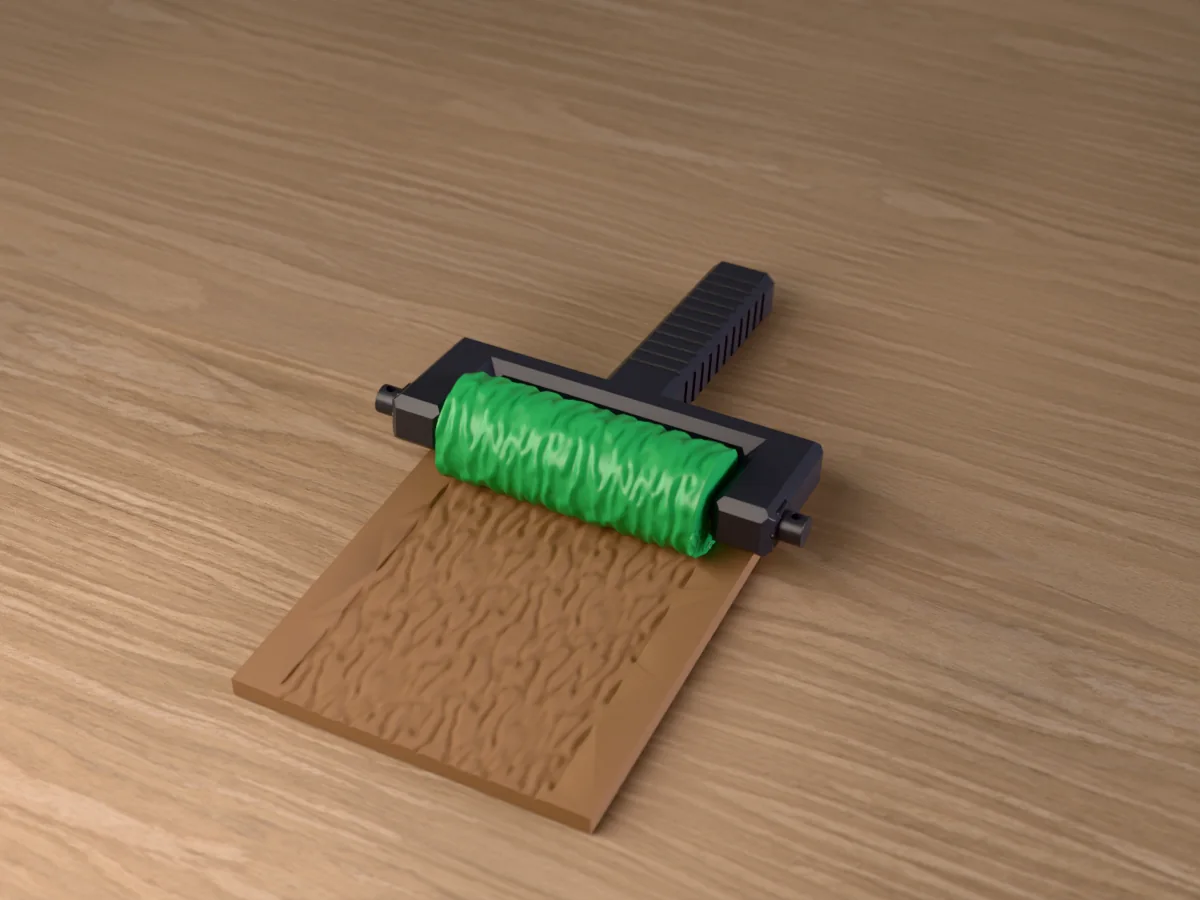 3D render of the printed tree bark texture roller in its dark fork handle, resting on a slab of clay it has pressed with tree bark