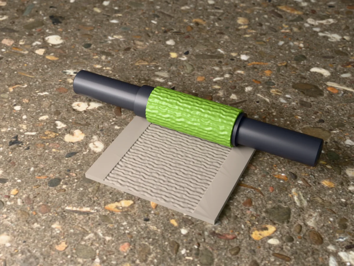 3D render of the printed tree bark textured rolling pin, its patterned sleeve between two dark handles, resting on a slab of clay it has pressed with tree bark