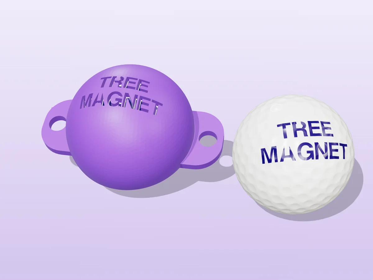 3D render of a purple 3D-printed golf ball stencil with TREE MAGNET cut through it, sitting on a golf ball, next to a ball marked with TREE MAGNET in purple