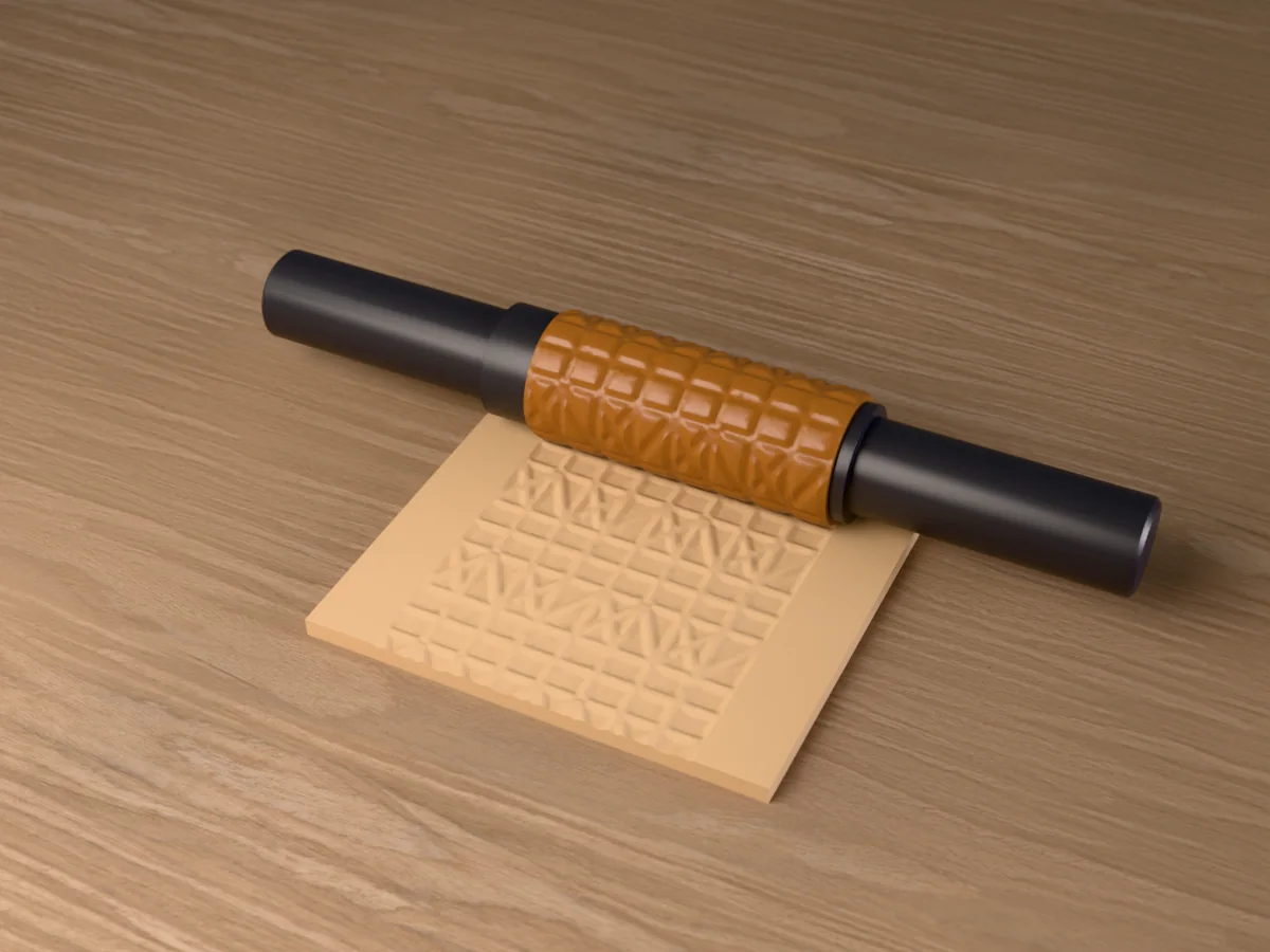 3D render of the printed tudor timber frame textured rolling pin, its patterned sleeve between two dark handles, resting on a slab of clay it has pressed with Tudor timber framing