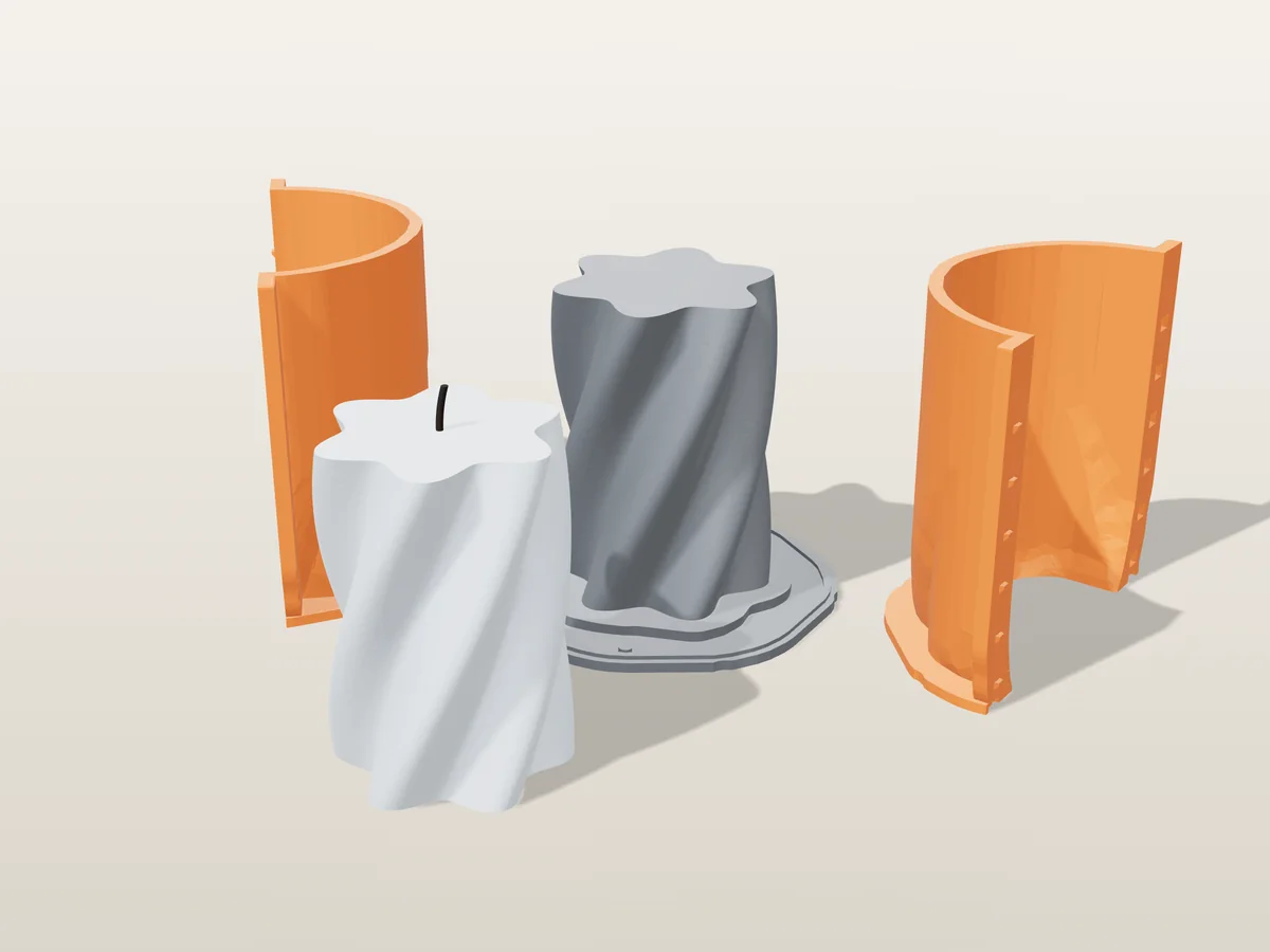 3D render of a pale blue twisted pillar candle in front of its printed grey base and orange hugging shell halves