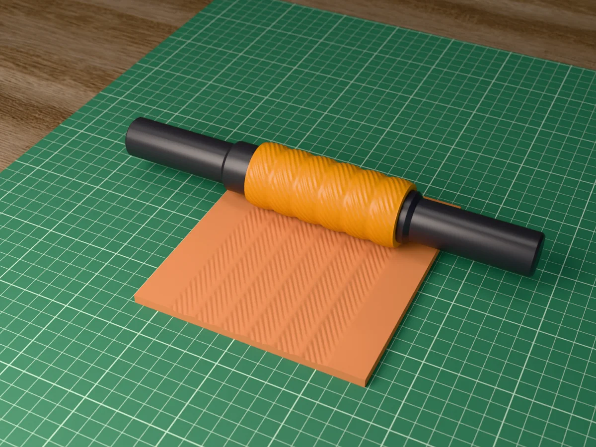 3D render of the printed twisted rope textured rolling pin, its patterned sleeve between two dark handles, resting on a slab of clay it has pressed with twisted rope
