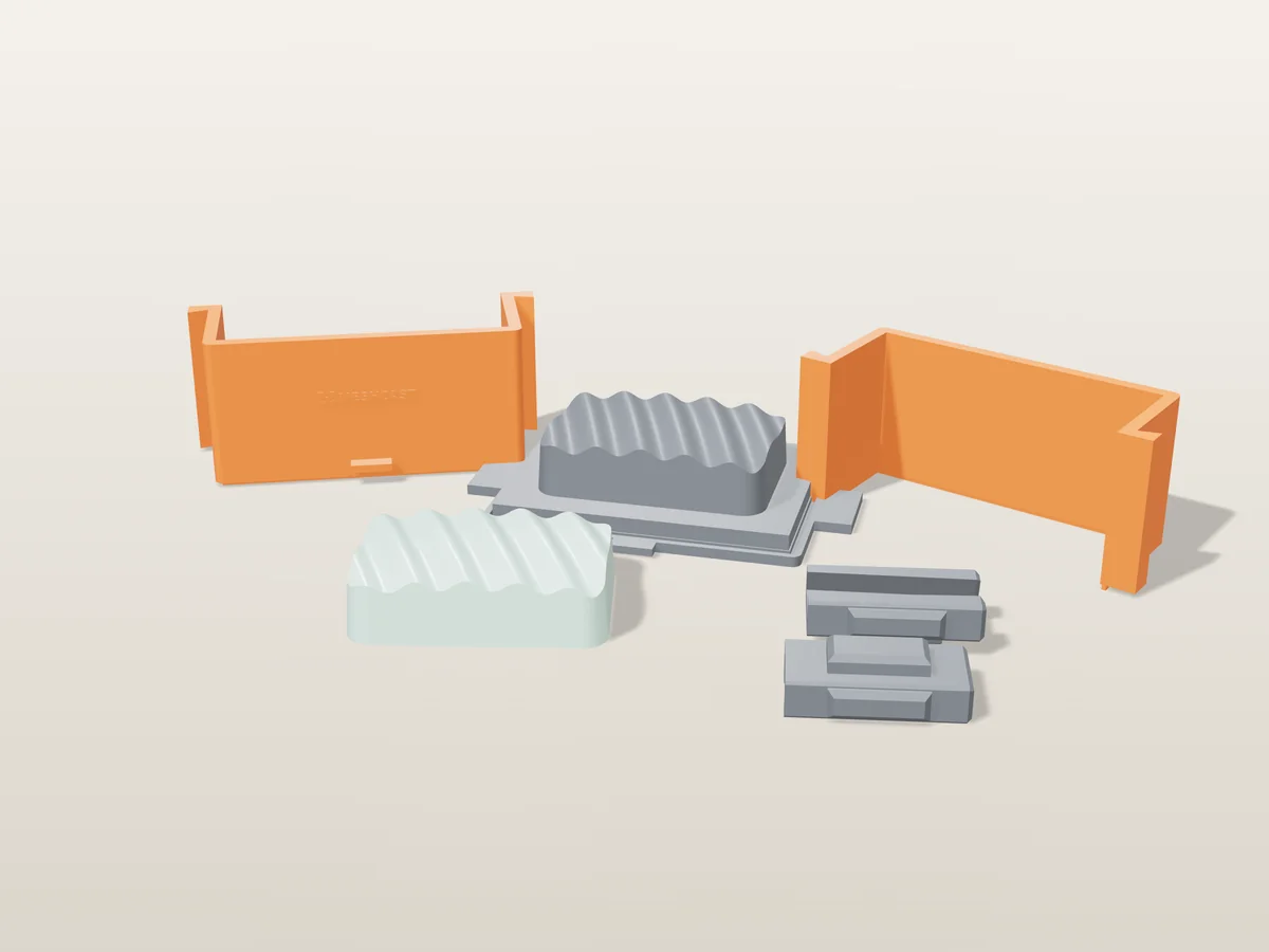 3D render of a mint green wave soap bar in front of its printed grey base, orange walls and grey clamps