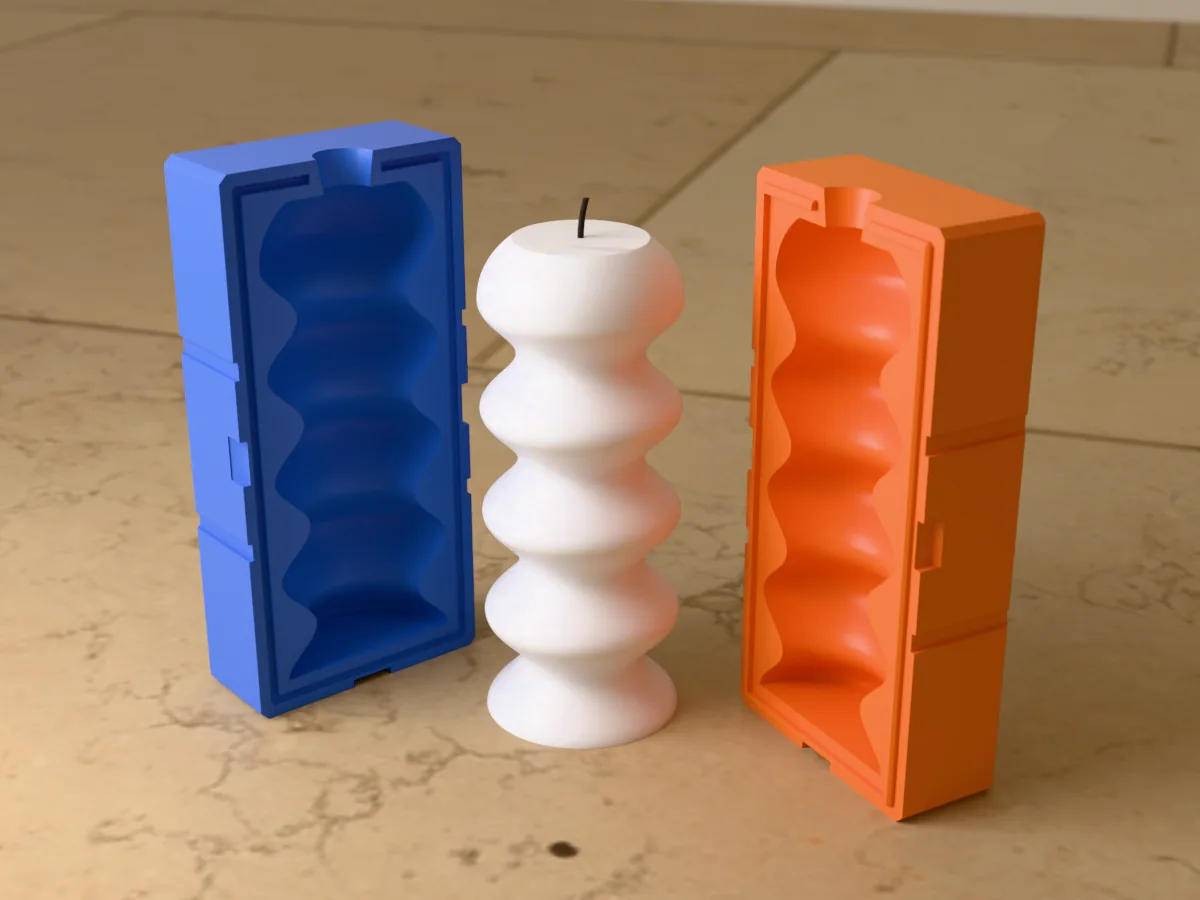 3D render of a cream wave totem candle of five stacked bulbs between the two tall printed halves of its rigid blue and orange mold