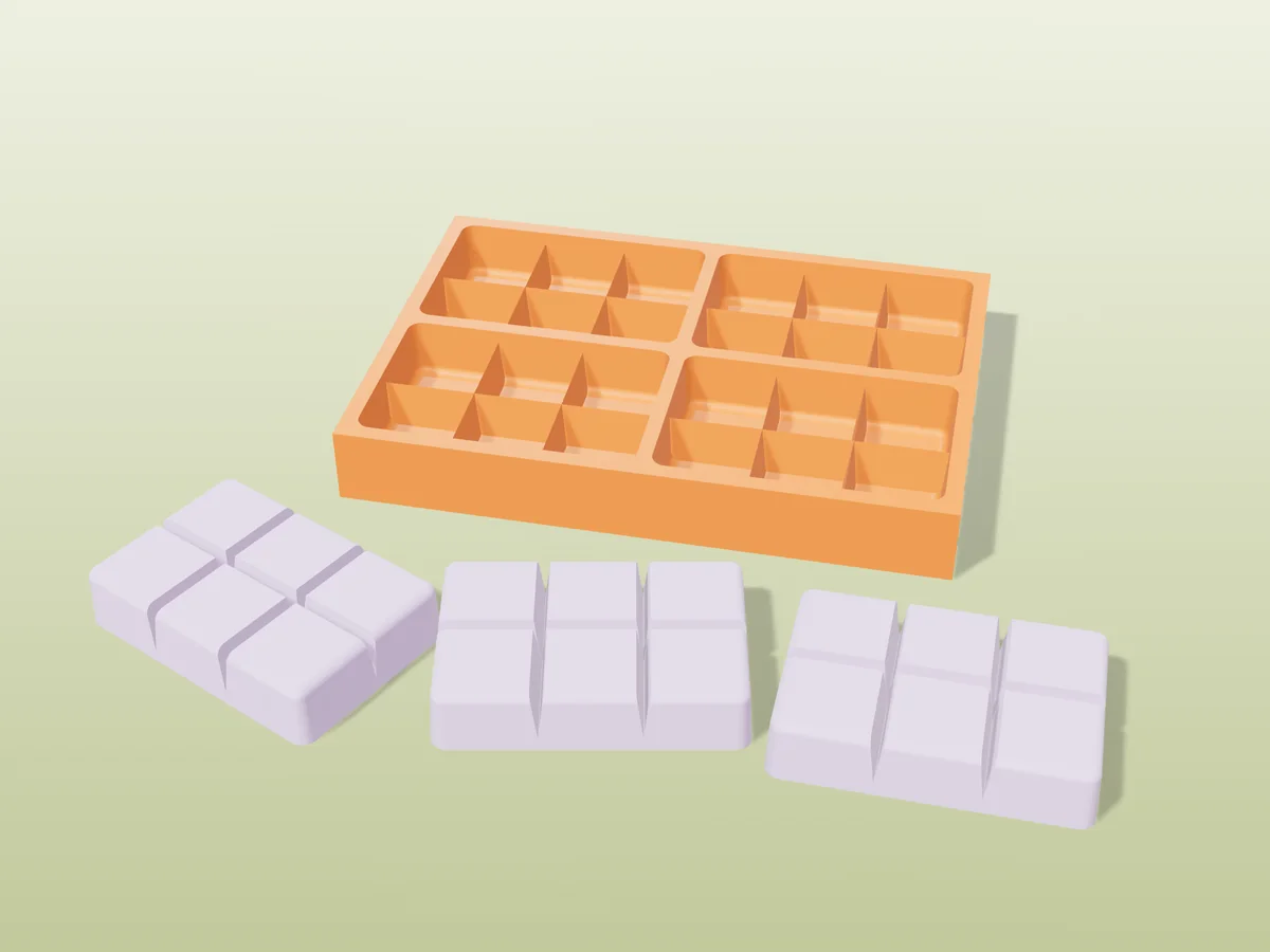 3D render of a printed orange tray with four snap bar cavities, and three lilac wax melt snap bars in front