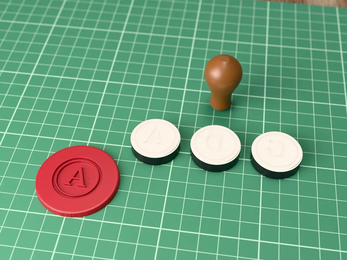 3D render of printed wax seal stamp plates for the letters A to G, face up beside their brown handle, and a round wax seal pressed with the letter A