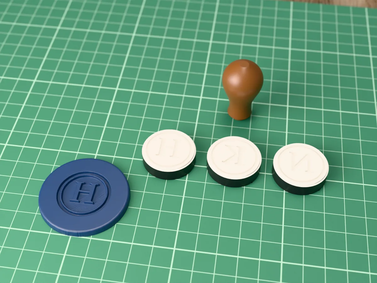 3D render of printed wax seal stamp plates for the letters H to N, face up beside their brown handle, and a round wax seal pressed with the letter H