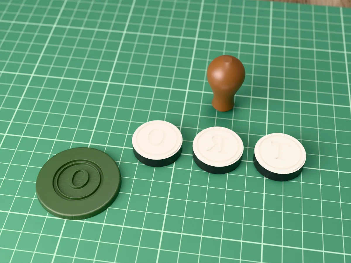 3D render of printed wax seal stamp plates for the letters O to T, face up beside their brown handle, and a round wax seal pressed with the letter O