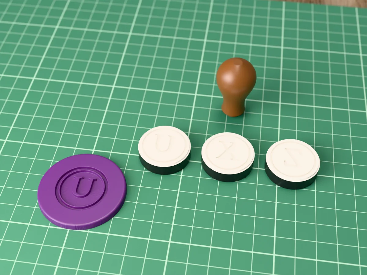 3D render of printed wax seal stamp plates for the letters U to Z, face up beside their brown handle, and a round wax seal pressed with the letter U