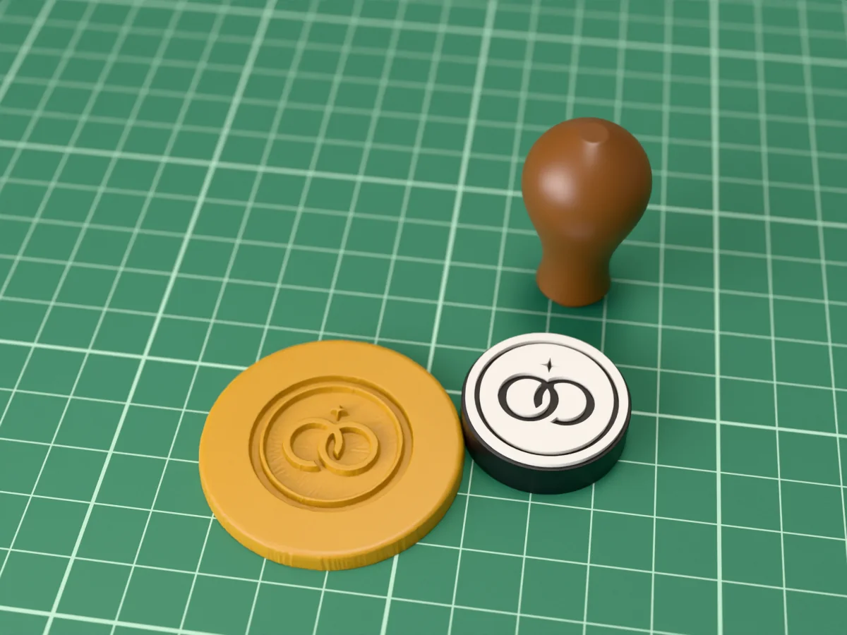 3D render of the printed wedding rings wax seal stamp, face up next to its brown handle, and a round wax seal it has pressed