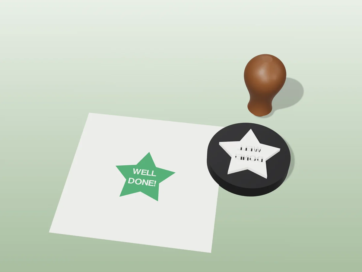 3D render of the printed well done teacher stamp, face up next to its brown handle, and its green ink print on a sheet of paper