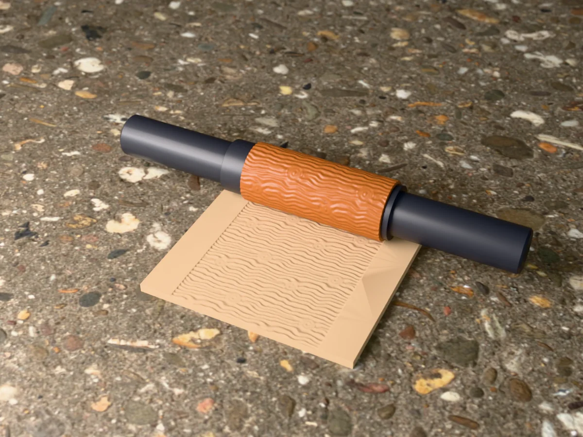 3D render of the printed wood grain textured rolling pin, its patterned sleeve between two dark handles, resting on a slab of clay it has pressed with wood grain with knots