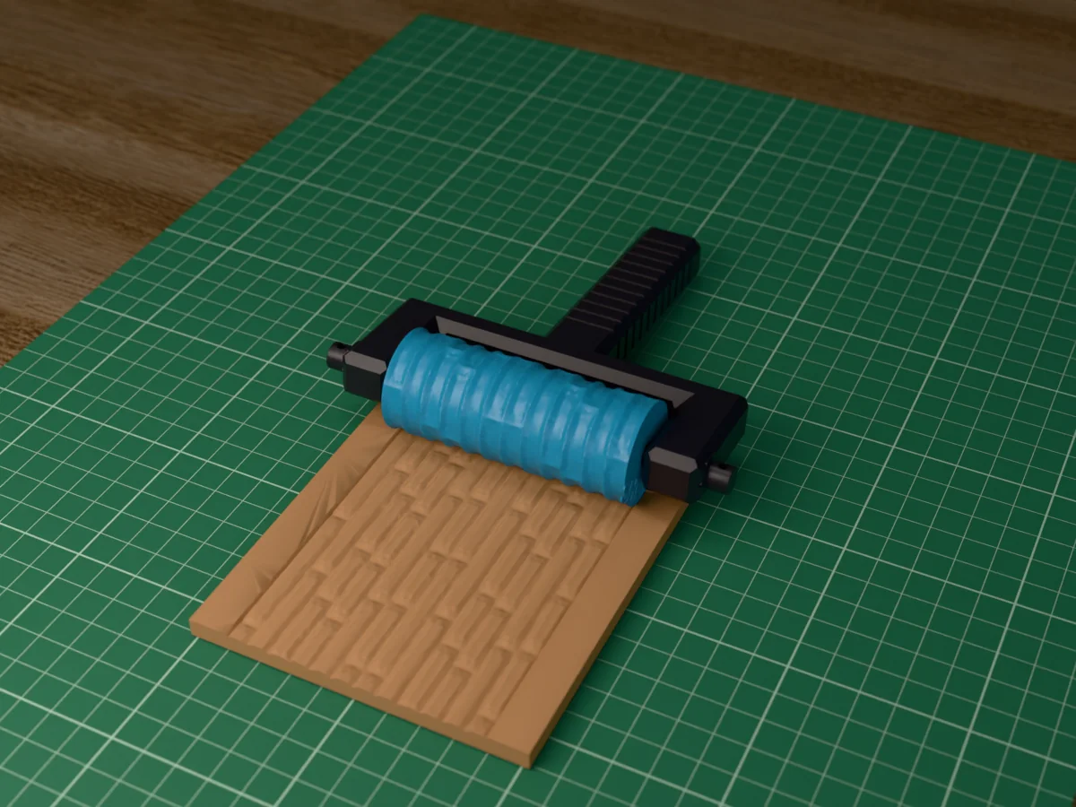 3D render of the printed wood plank texture roller in its dark fork handle, resting on a slab of clay it has pressed with floorboards