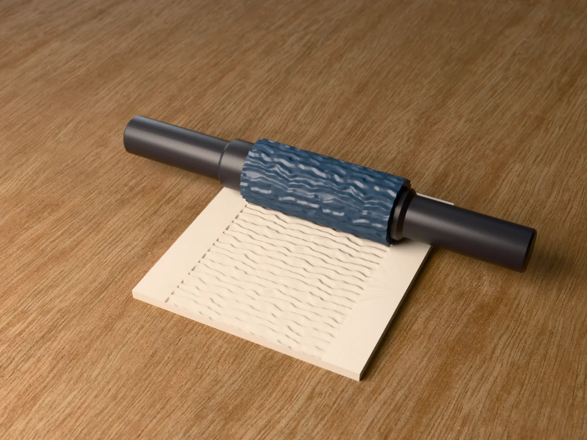 3D render of the printed zebra stripe textured rolling pin, its patterned sleeve between two dark handles, resting on a slab of clay it has pressed with zebra stripes