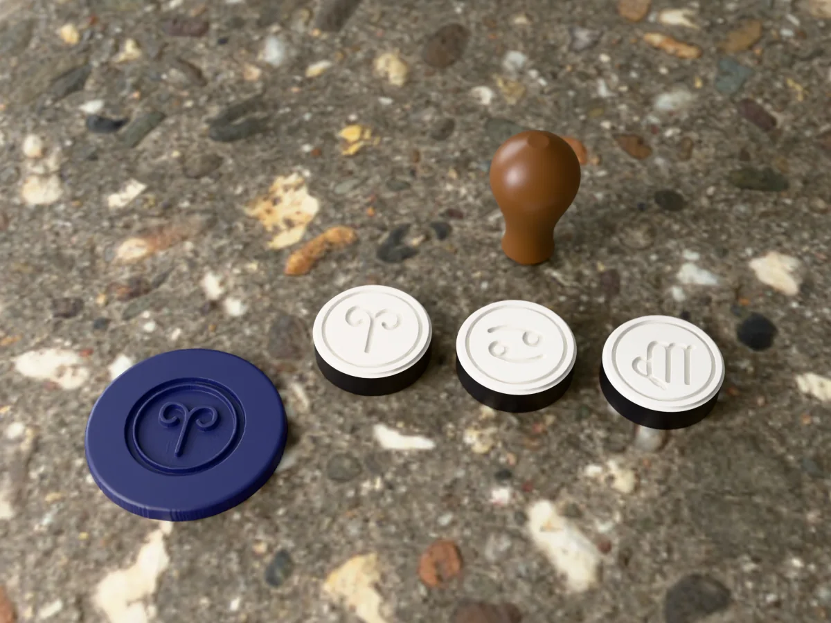 3D render of printed wax seal stamp plates with the Aries glyph, the Cancer glyph and the Virgo glyph, face up beside their brown handle, and a round wax seal pressed with the Aries glyph