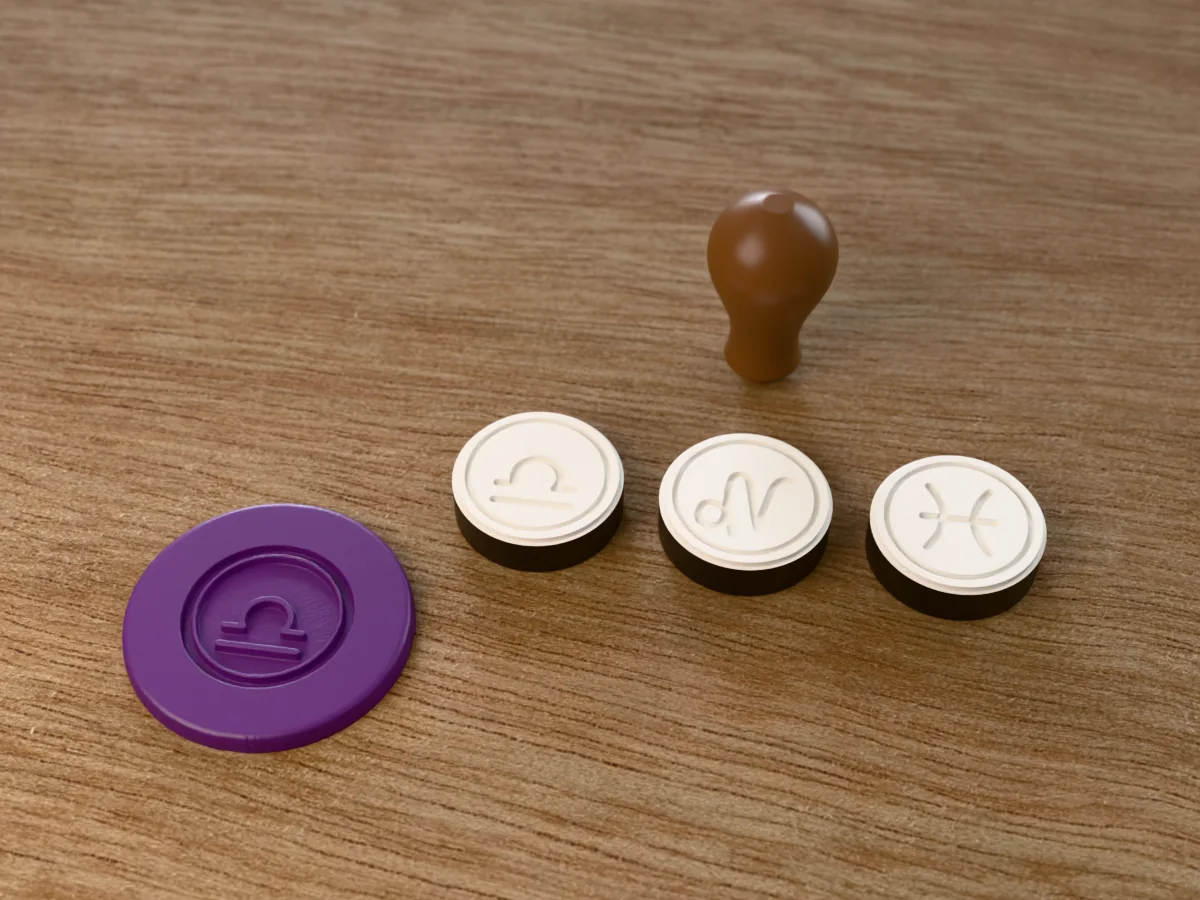 3D render of printed wax seal stamp plates with the Libra glyph, the Capricorn glyph and the Pisces glyph, face up beside their brown handle, and a round wax seal pressed with the Libra glyph