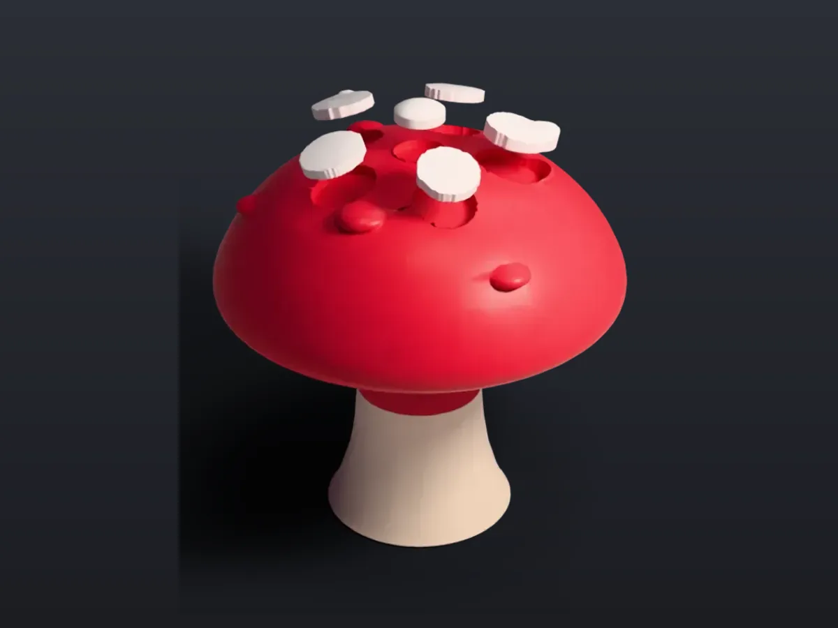 3D render of a red mushroom cap with six pockets, six white spot inlays lifted above them, and the cream stem below