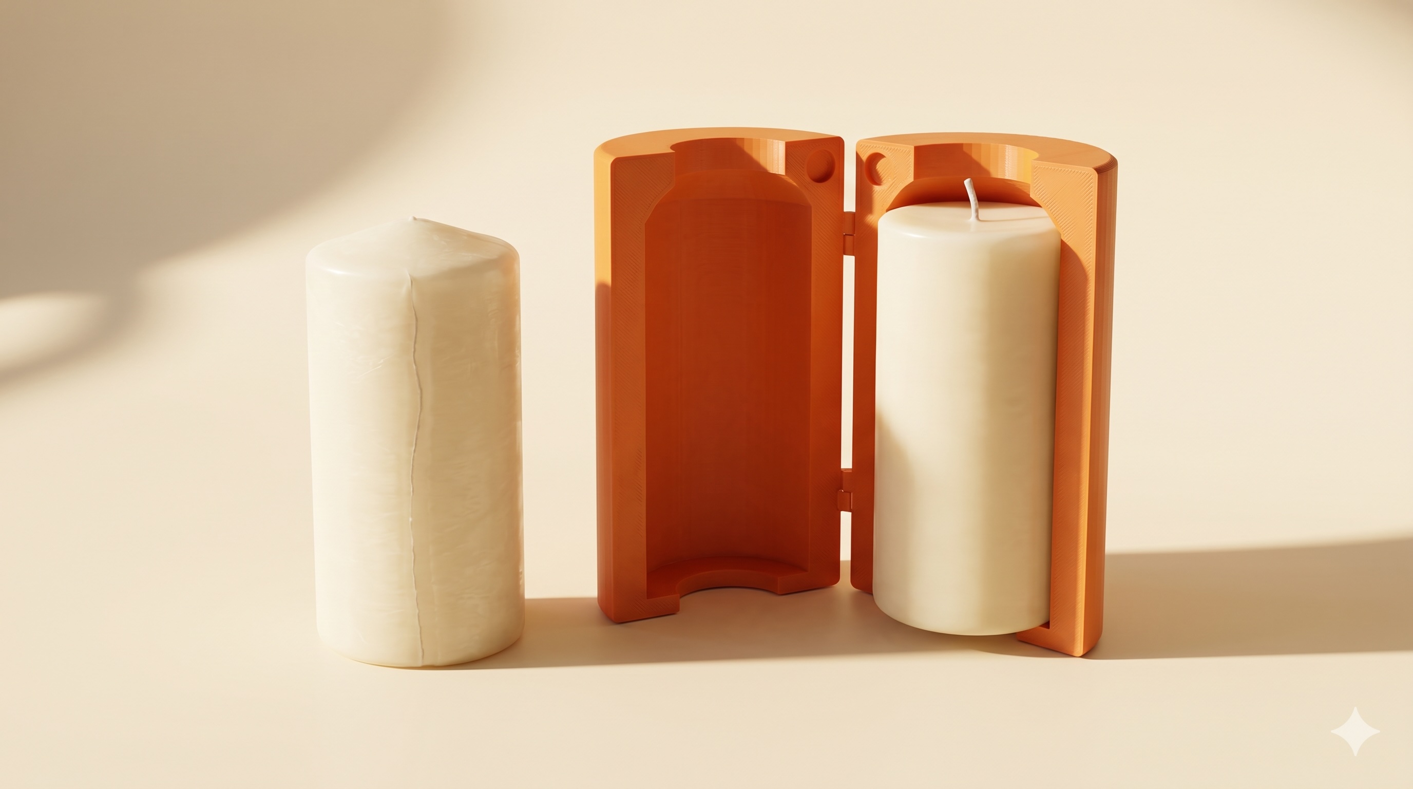 Wax melting in a double boiler beside rows of 3D-printed candle molds held with rubber bands, wicks threaded, ready to pour