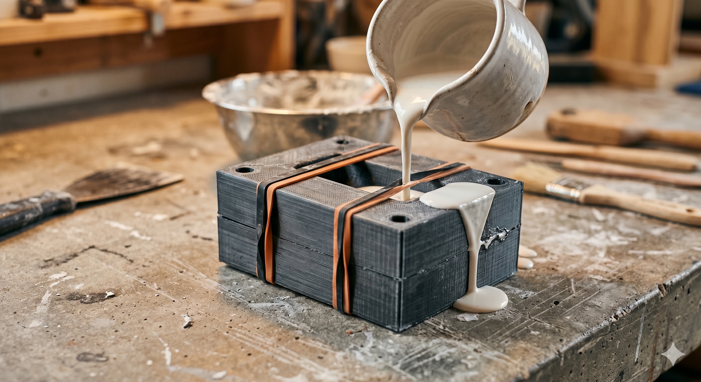 Gray concrete cast beside two open orange 3D-printed PLA mold halves on a workshop bench