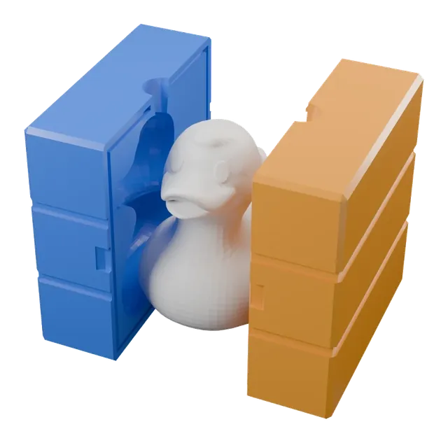 The two-part box mold opened around the rubber-duck model it casts, printed in blue and orange.