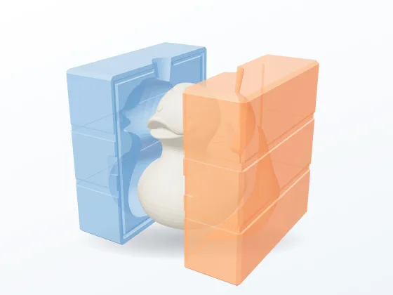 The generated two-part mold shown around the duck in the 3D preview